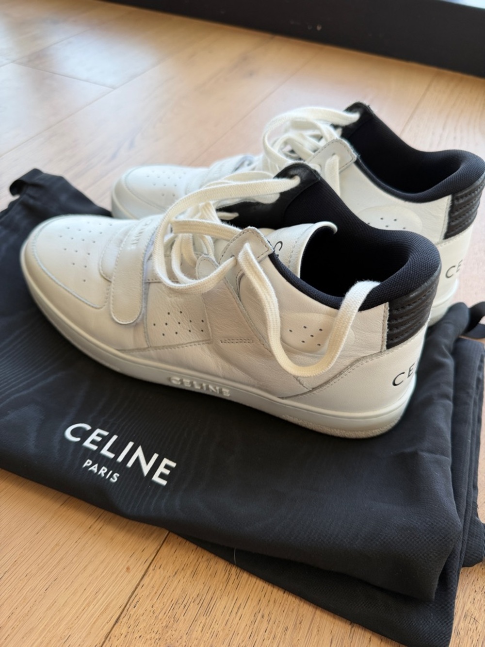 Celine White Leather Low-Top Sneakers with Black Collar